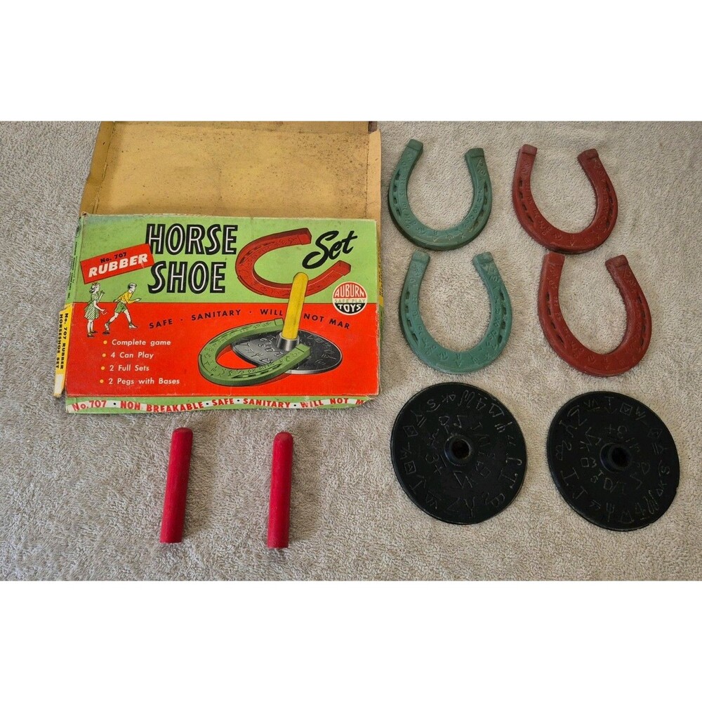 Vintage 1950s Auburn Rubber Horse Shoe Set No 707 Complete Original Box USA